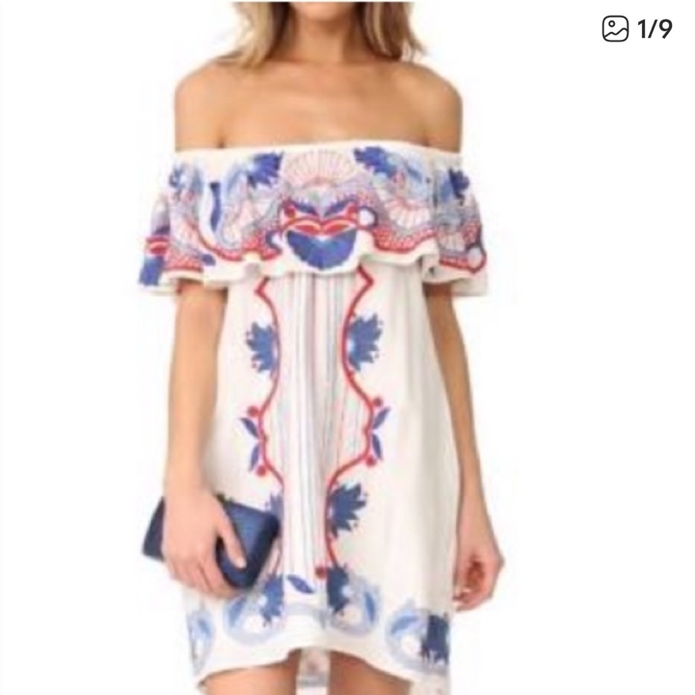 Revolve: Red Carter Embroidered Off-Shoulder 
Shift Dress, White Red Blue, Sz L